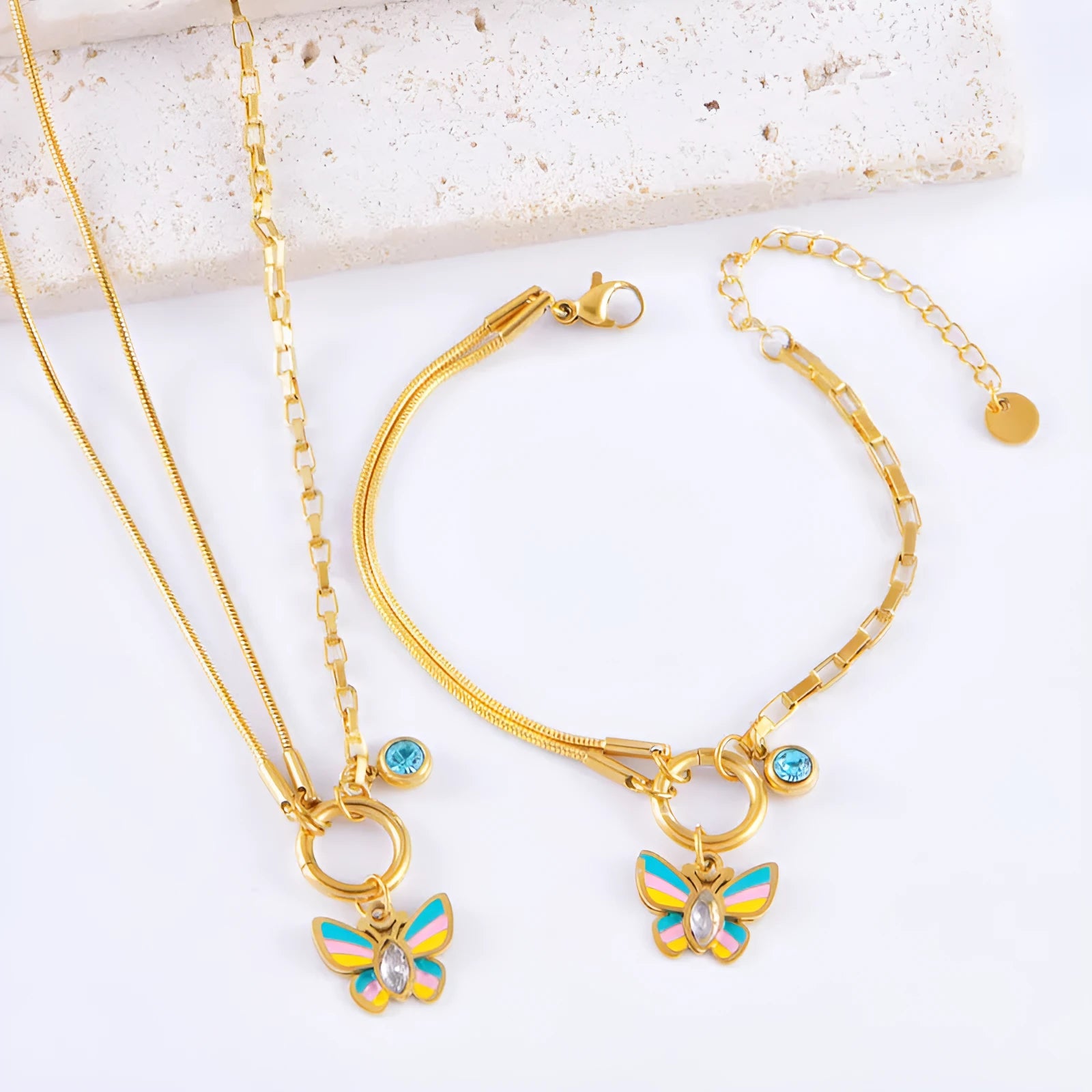 Gold titanium steel epoxy butterfly necklace and bracelet set with snake bones chain