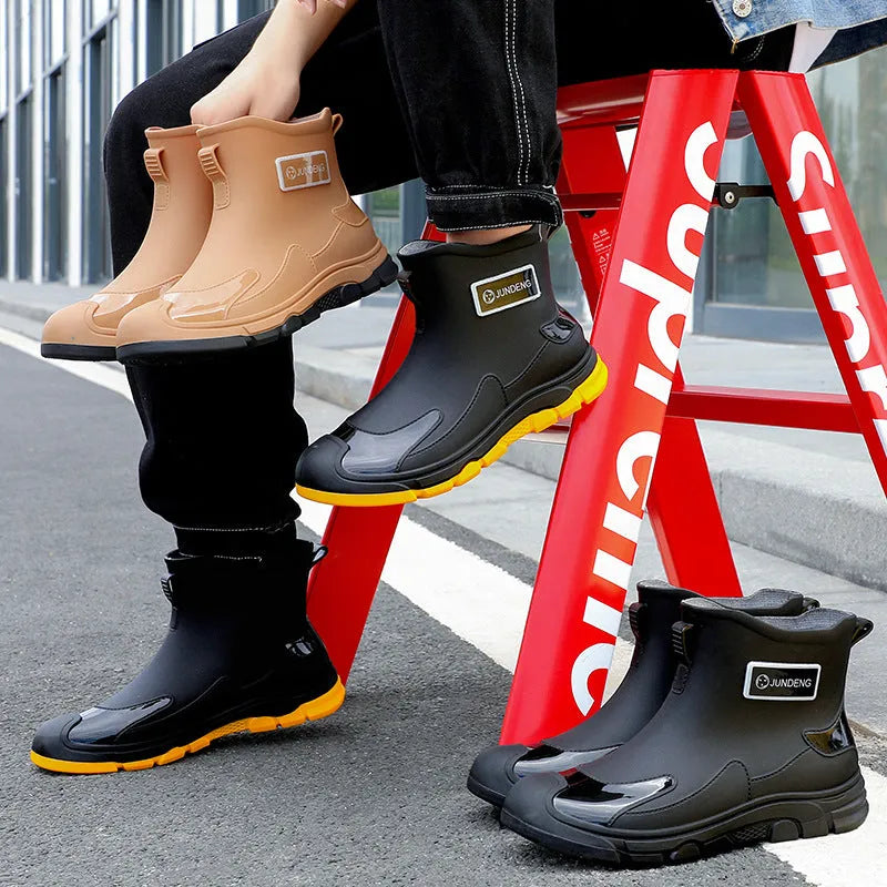 Pair of solid colour PVC rain boots with flat heel and low tube, round toe, visible sewing thread detail
