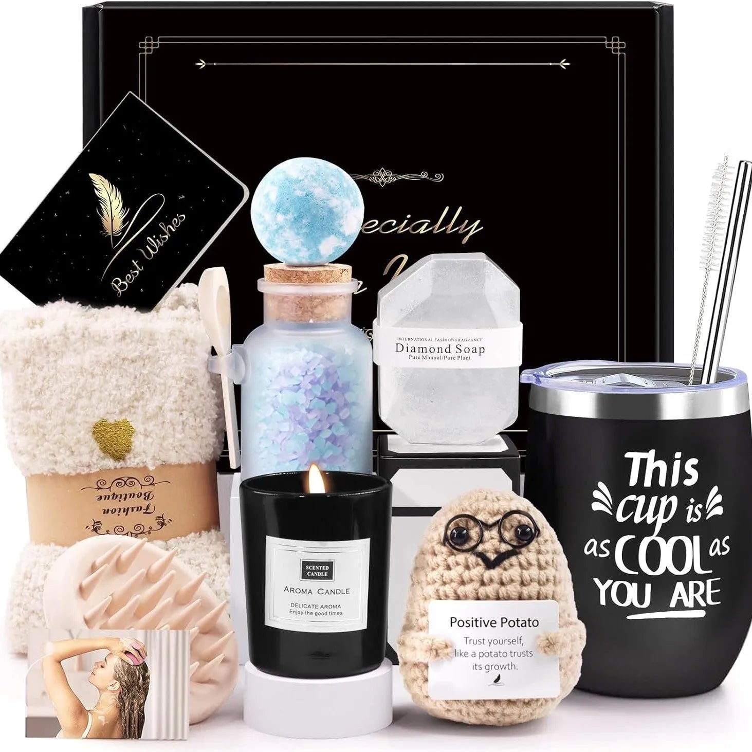 Aromatherapy gift box containing soy wax candles and bath products in modern simplicity design.