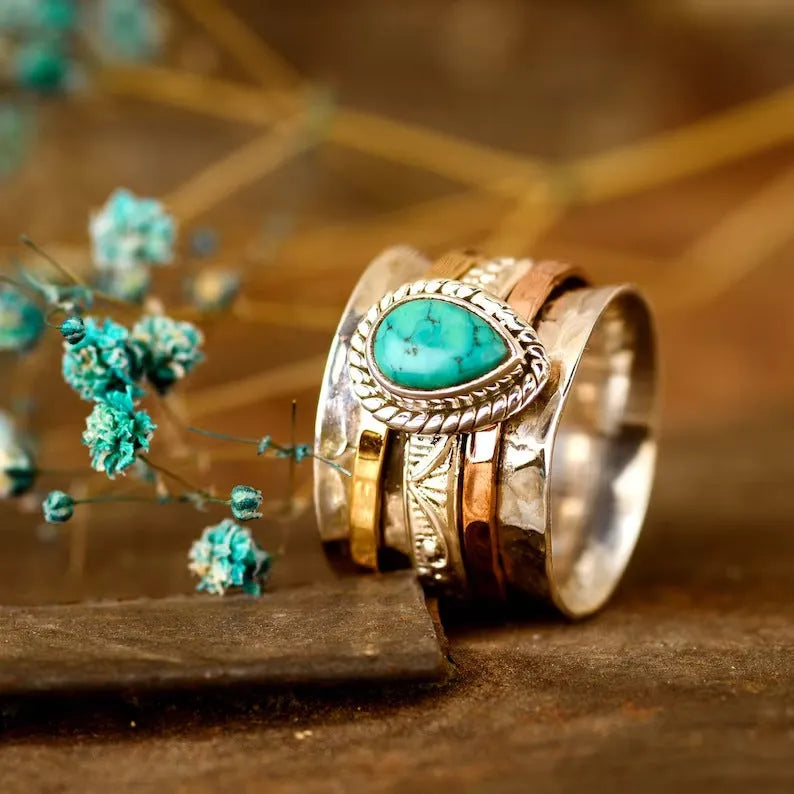Retro three-colour green pine alloy ring in picture colour, available in sizes 6 to 10
