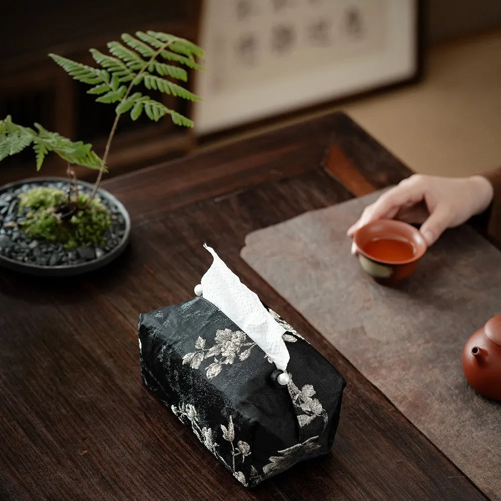 White plum embroidered Chinese style fabric tissue box cover with optional pearl buckle.