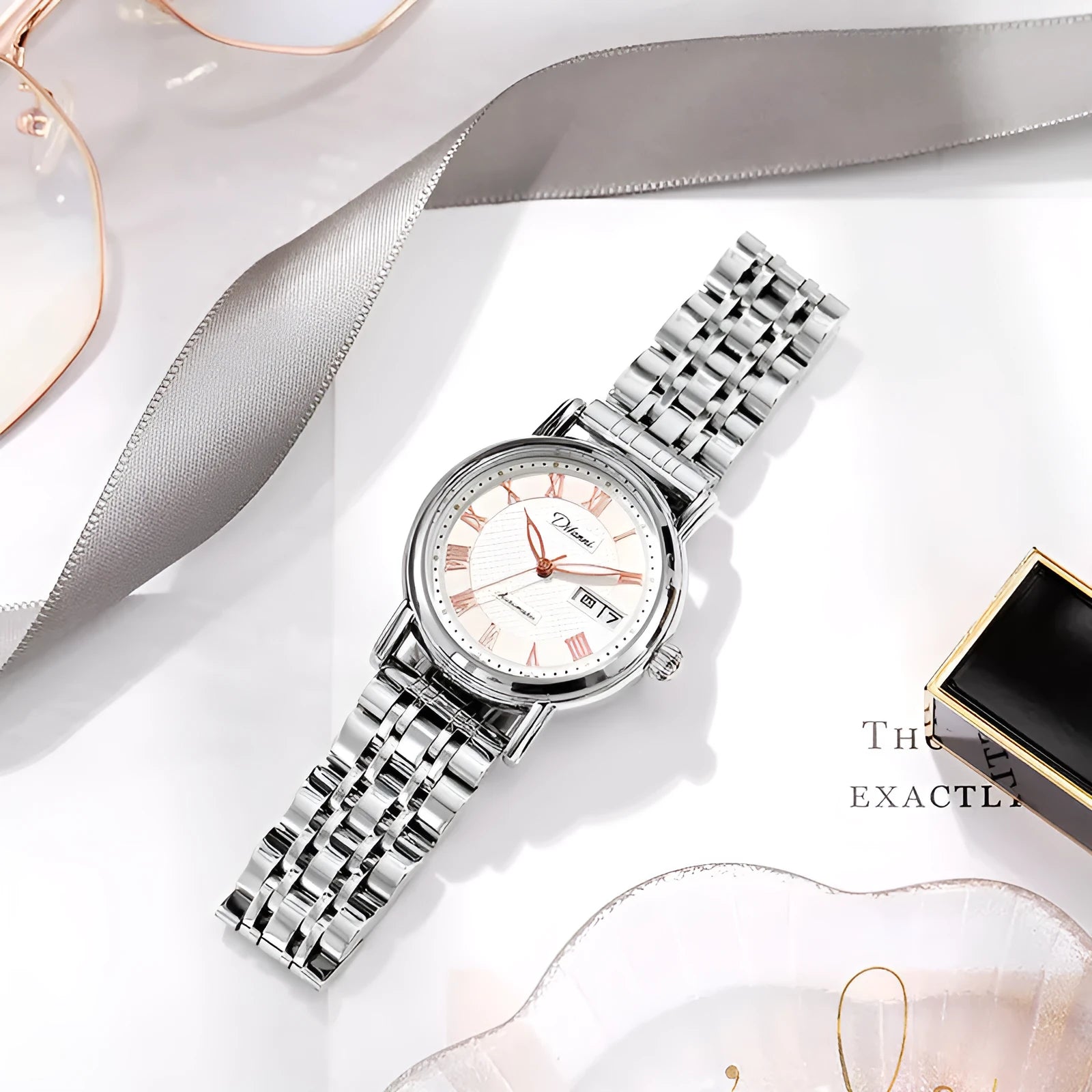 Women's automatic mechanical fashion watch with steel bracelet and leather strap options