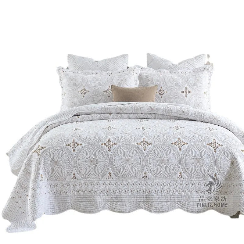 Pure cotton embroidered bed cover three-piece set with European-style detailing