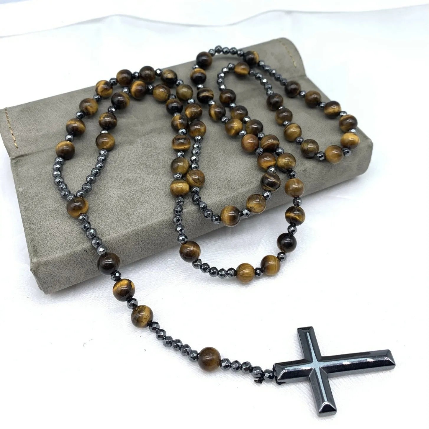 Men's stone cross pendant necklace on an 80cm ball bead chain with safety lock.