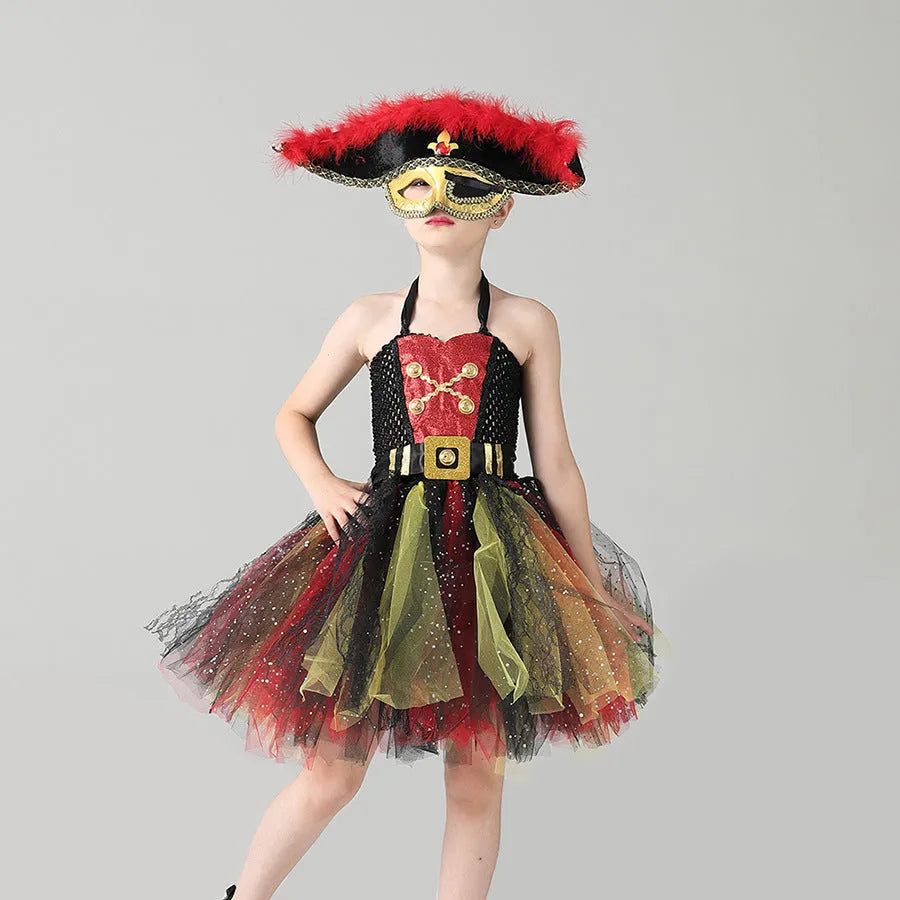 Girls pirate costume dress with sequin details and lace trim for Halloween