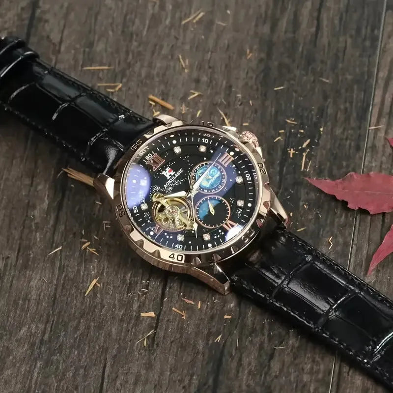 Men's black and rose gold automatic mechanical watch with hollow dial and transparent caseback