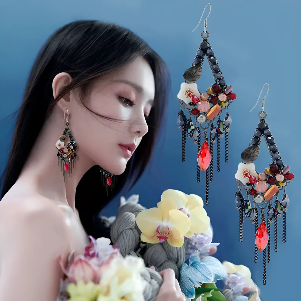 Retro bohemian hand-woven long drop earrings with artificial crystal diamond shape in amethyst colour