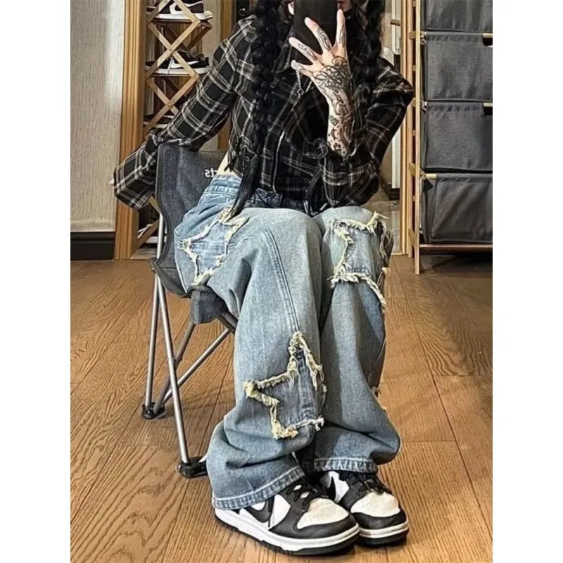 Blue high-waisted straight-leg women's jeans on a model