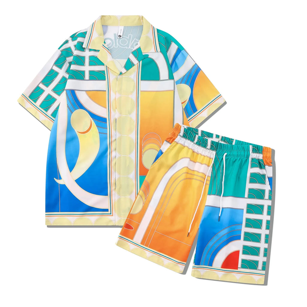 Plaid printed beach outfit set for men and women, featuring a short sleeve shirt and matching trousers.