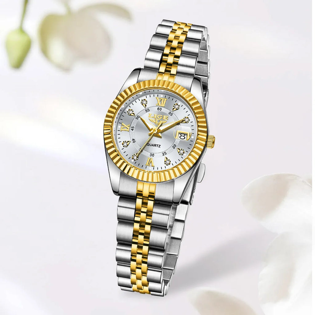 Women's waterproof quartz fashion watch in gold and silver colour options with 10mm thickness