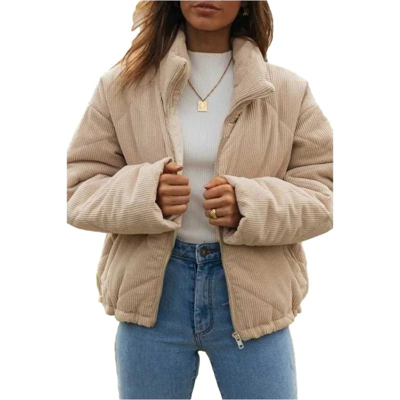 Women's apricot corduroy wadded jacket with stand collar and full-length front zipper showing street fashion styling