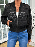 Black women's semi-transparent geometric pattern casual jacket with threaded zipper front closure