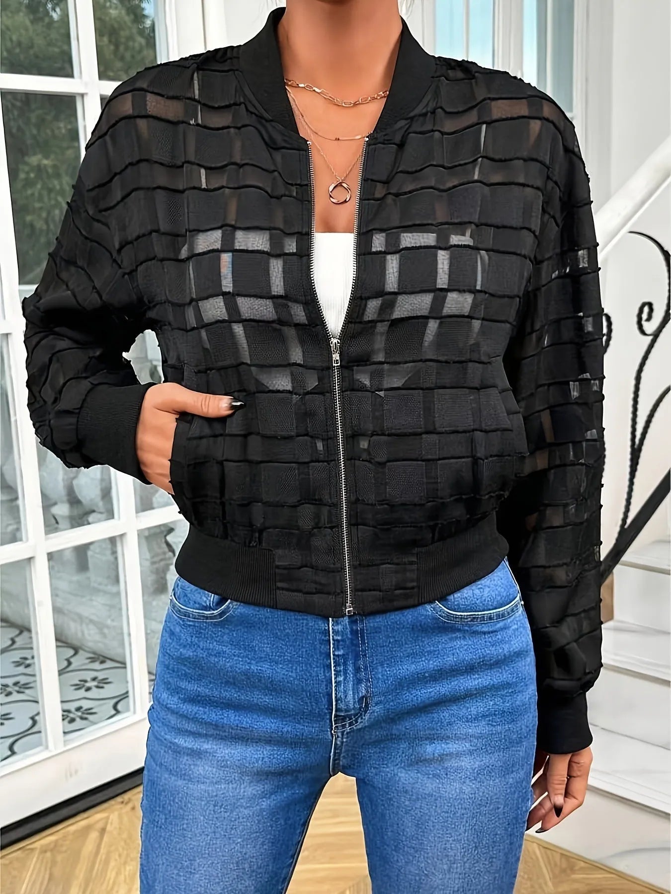 Black women's semi-transparent geometric pattern casual jacket with threaded zipper front closure
