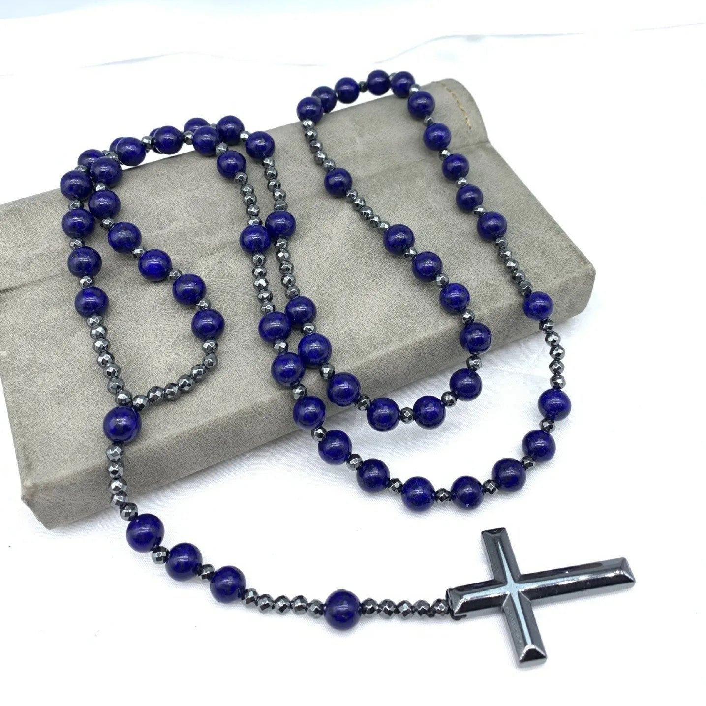Men's stone cross pendant necklace on an 80cm ball bead chain with safety lock.