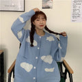 Women's blue cloud-patterned spandex cardigan sweater coat with loose fit and long sleeves