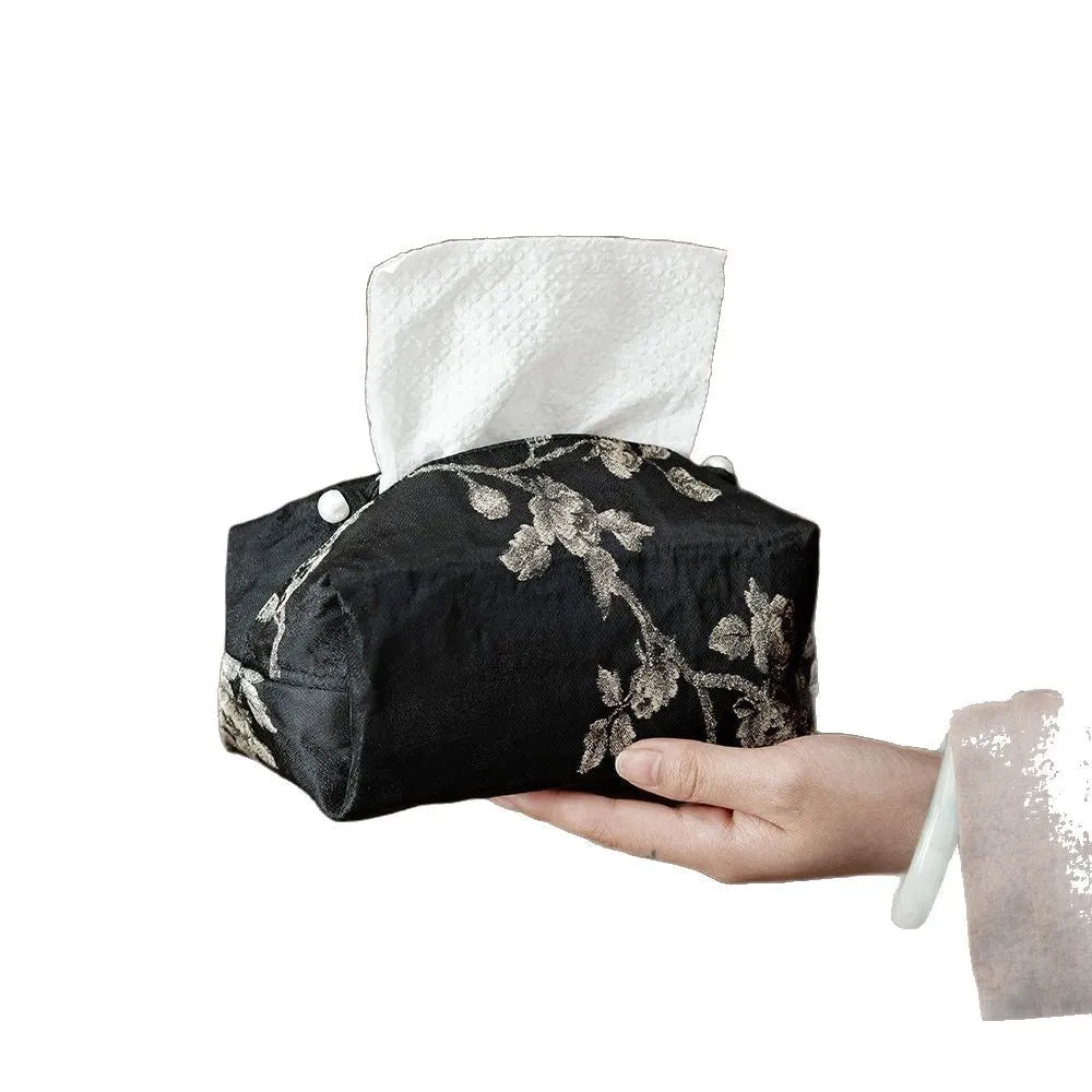 White plum embroidered Chinese style fabric tissue box cover with optional pearl buckle.