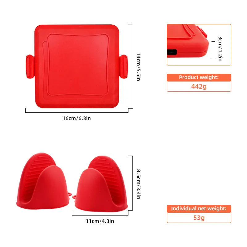 Red silicone baking tray set with matching anti-scald gloves in American-style design