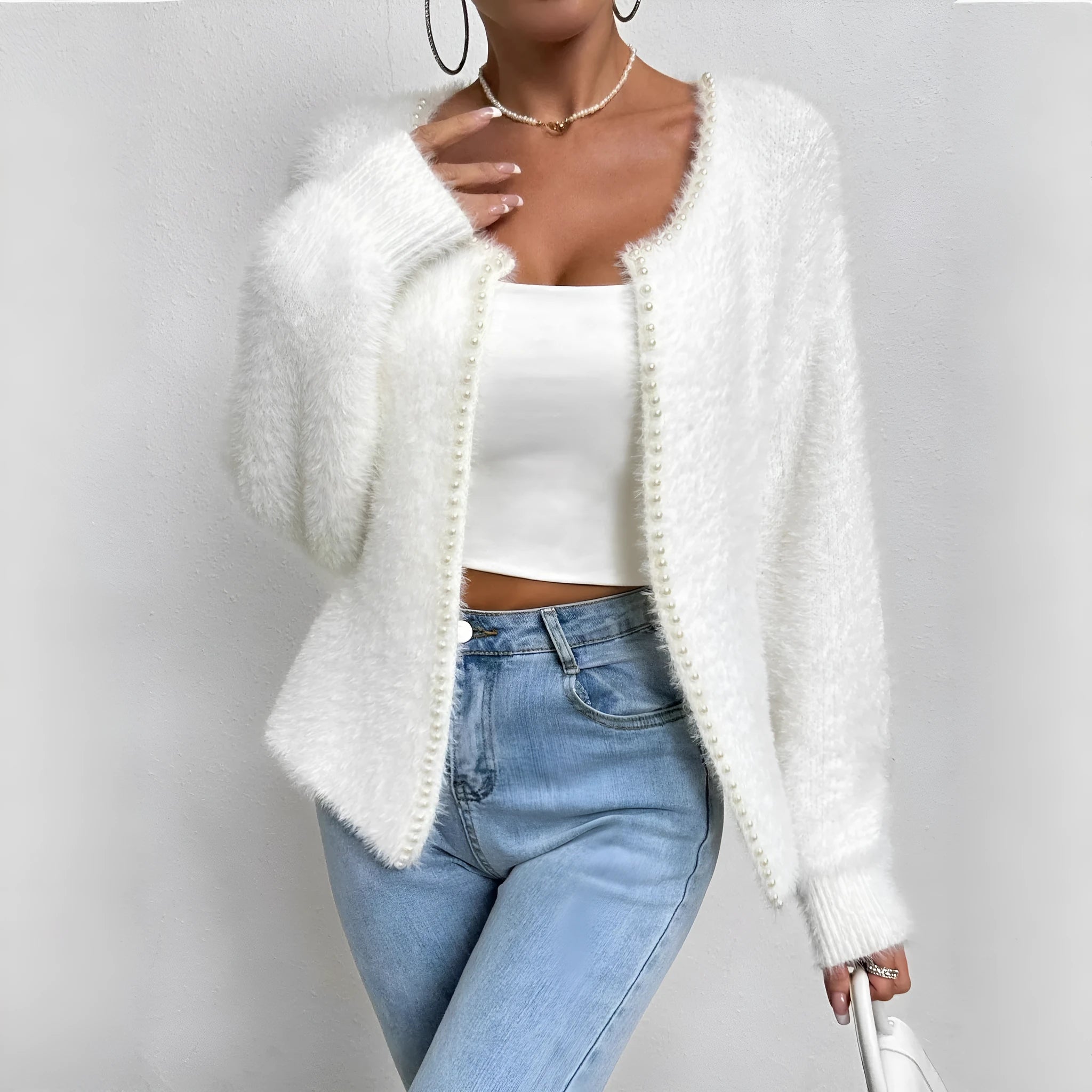 Women's white V-neck cardigan with bead knit details, medium thickness polyester fabric