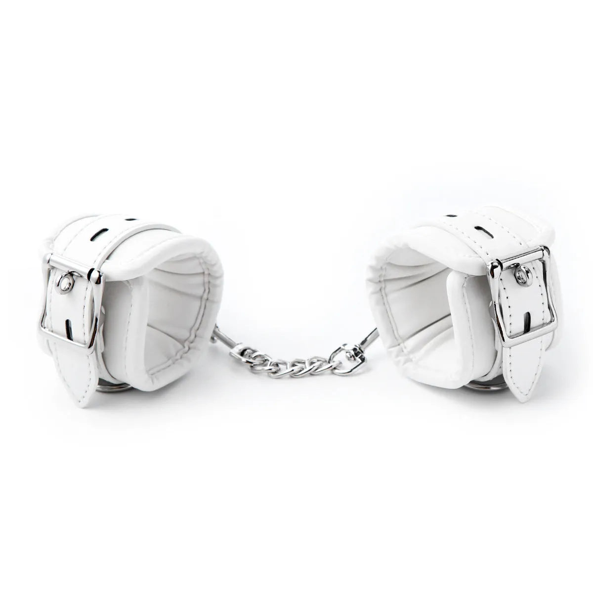White PU sponge bondage set showing handcuffs, foot cuffs, and a neck cuff on a neutral background.