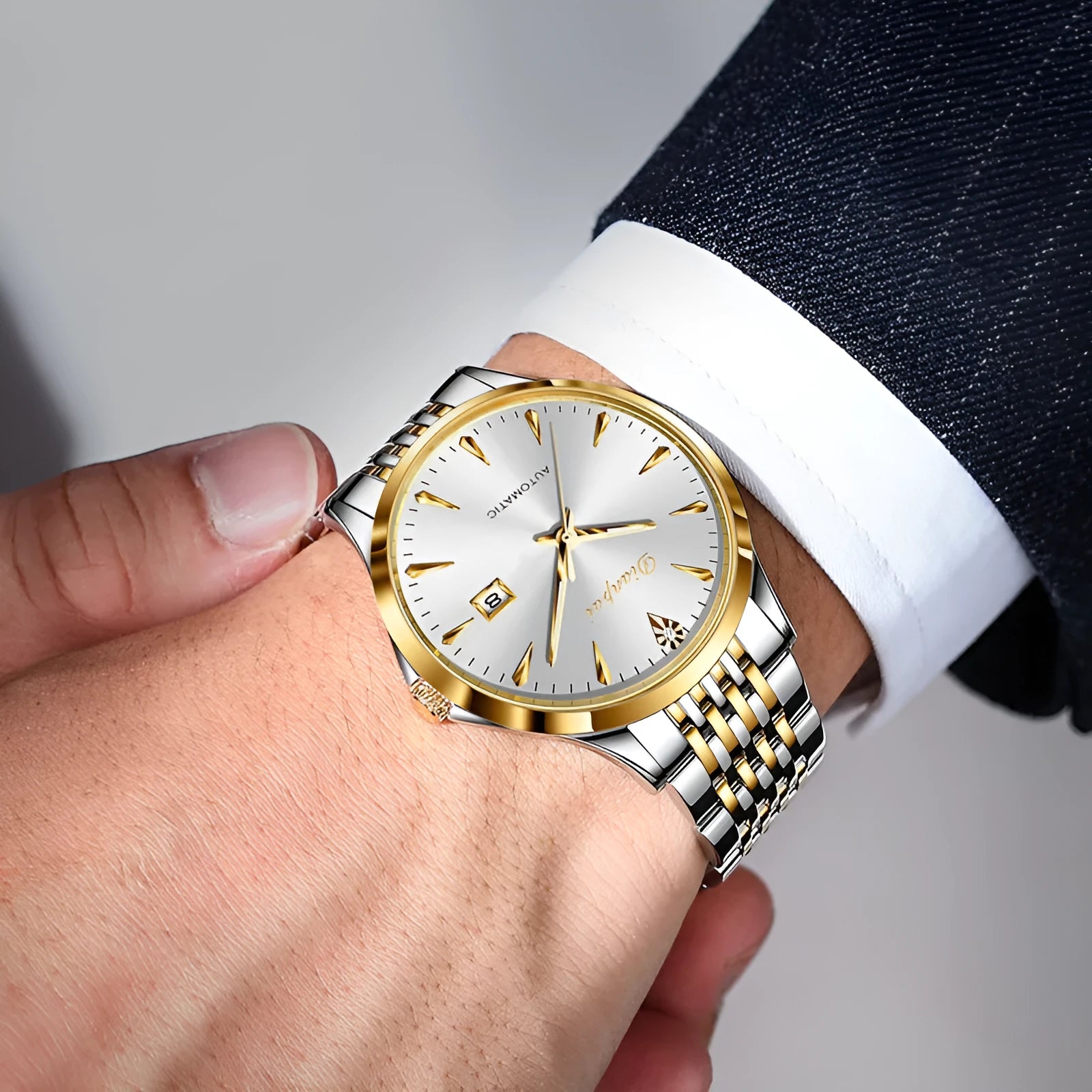 Men's stainless steel automatic watch with simple dial and water resistance
