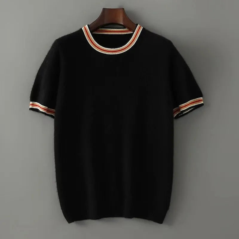Men's round neck pure wool short sleeve sweater in grey shown front view