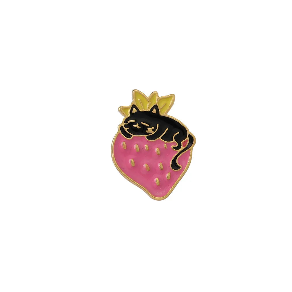 Cute cat strawberry metal brooch decorative alloy pin with five colour variations