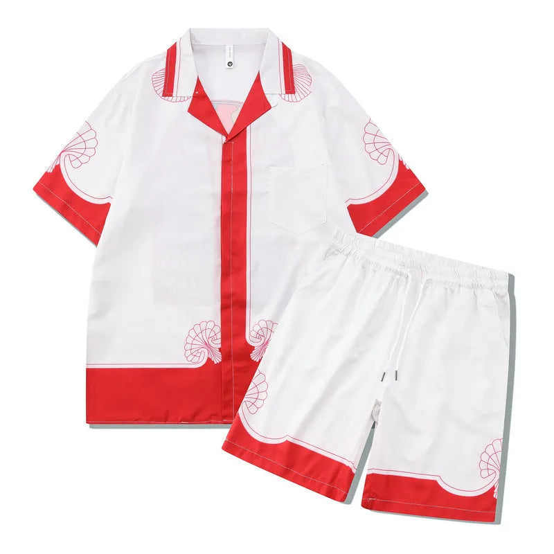 Plaid printed beach outfit set for men and women, featuring a short sleeve shirt and matching trousers.