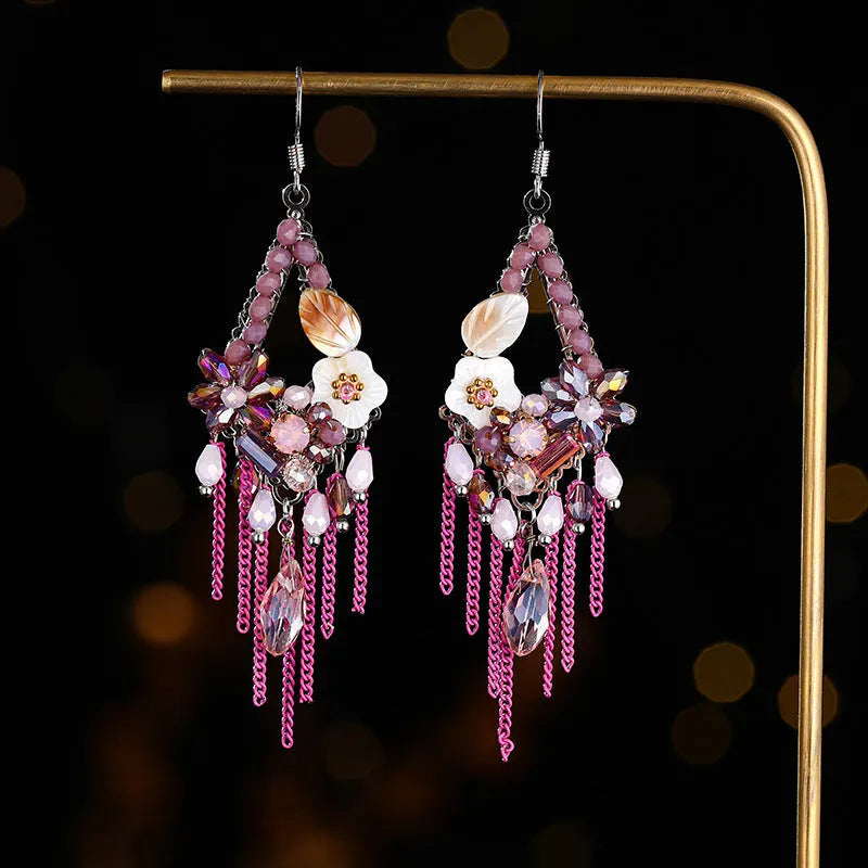 Retro bohemian hand-woven long drop earrings with artificial crystal diamond shape in amethyst colour