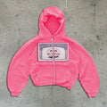 Loose fit zip hoodie jacket for men and women in black colour with letter pattern and front zipper