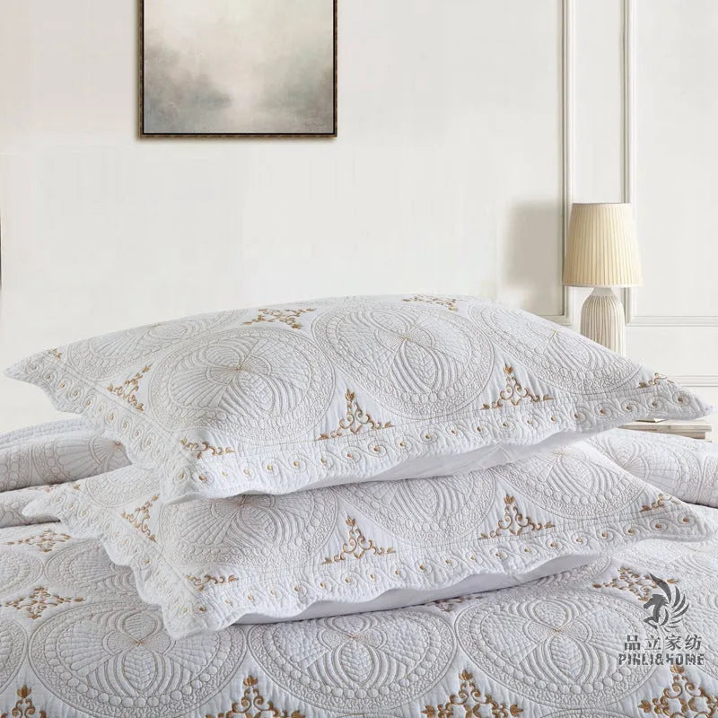 Pure cotton embroidered bed cover three-piece set with European-style detailing