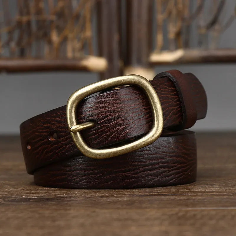 Handmade genuine leather belt with antique copper buckle, 2.8cm wide, 4mm thick, 120cm length, in black colour on wooden surface