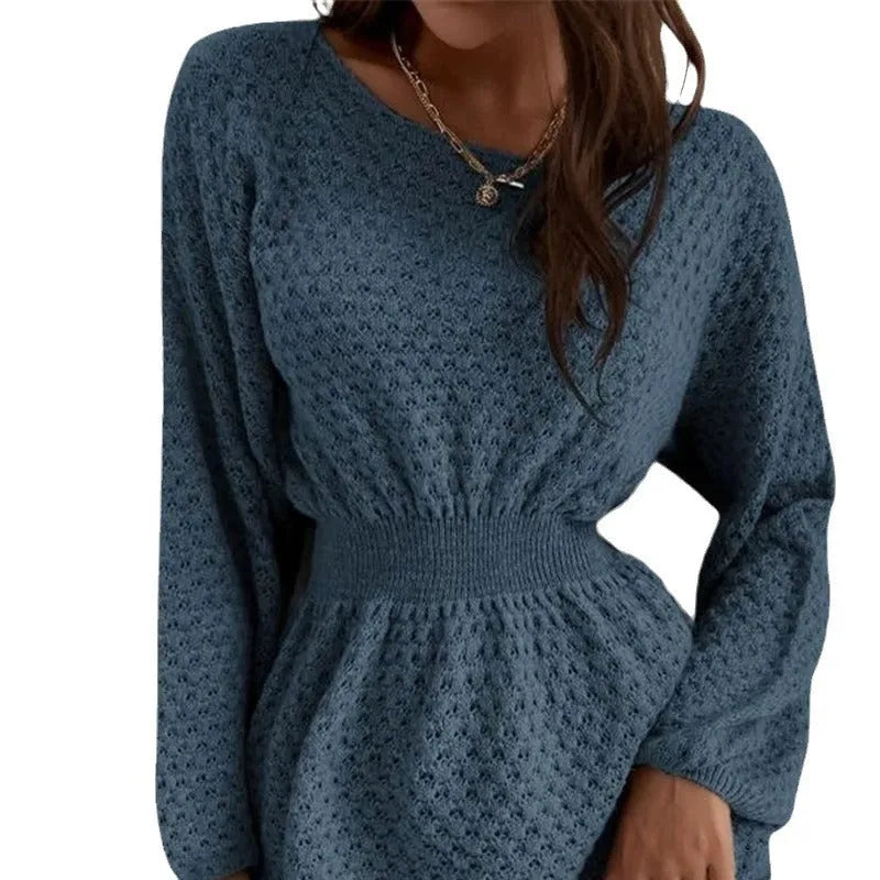 Blue women's knitted dress with hand-crocheted flowers, round neck, fitted waist, and long sleeves
