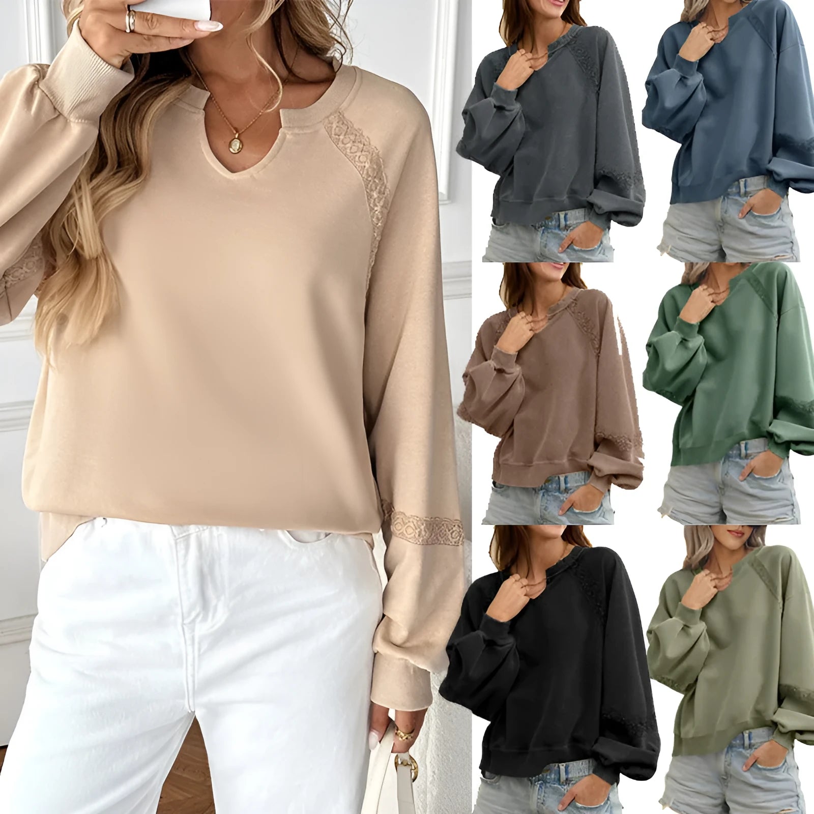 Women's loose fit long sleeve sweater with lace detail on half-open collar, shown in a solid colour.