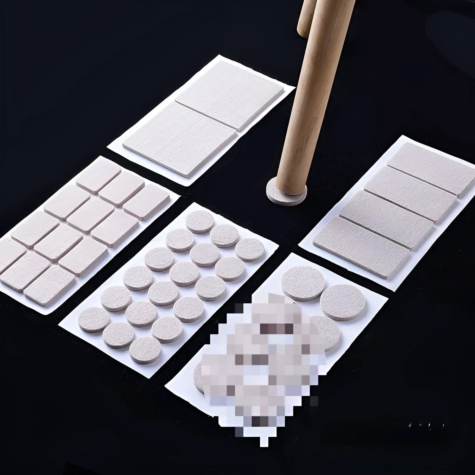 Beige plastic furniture leg stopper pads in assorted round and square sizes for floor protection