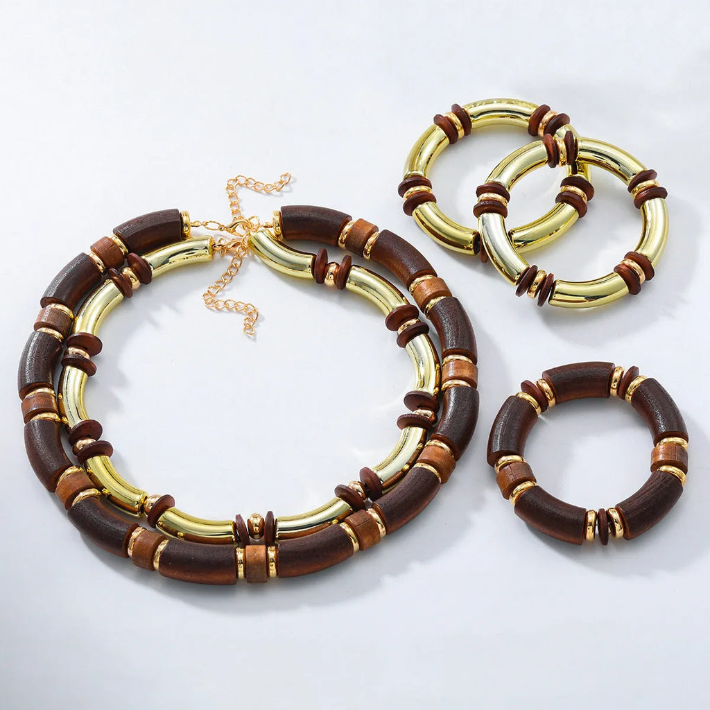 Multi-layer wooden style necklace and bracelet set with exaggerated European American design