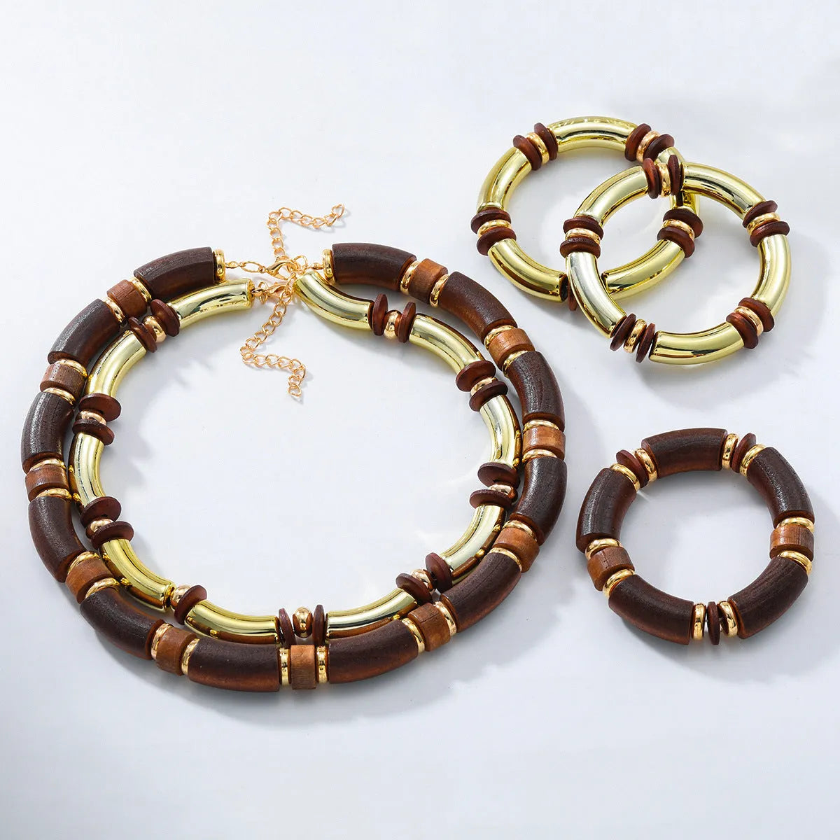 Multi-layer wooden style necklace and bracelet set with exaggerated European American design