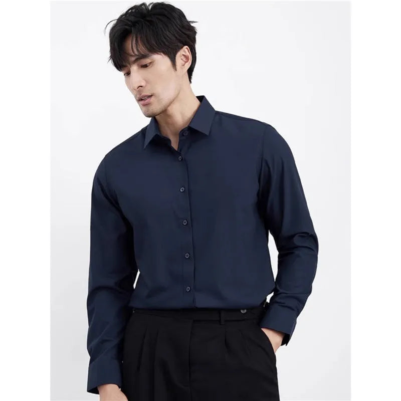 Men's wine red slim fit casual shirt with long sleeves on hanger