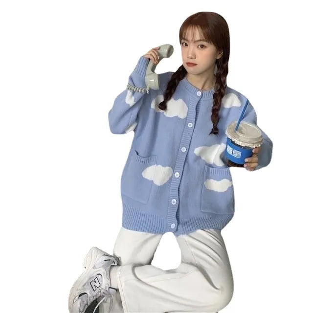 Women's blue cloud-patterned spandex cardigan sweater coat with loose fit and long sleeves