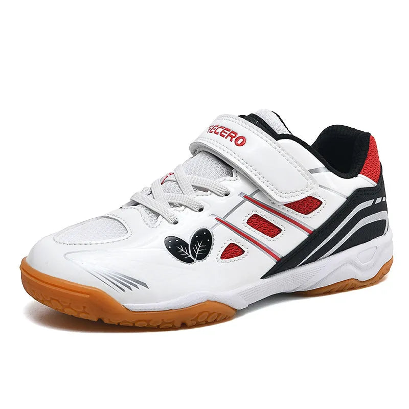White and blue low-top badminton shoes with ribbed sole and round toe