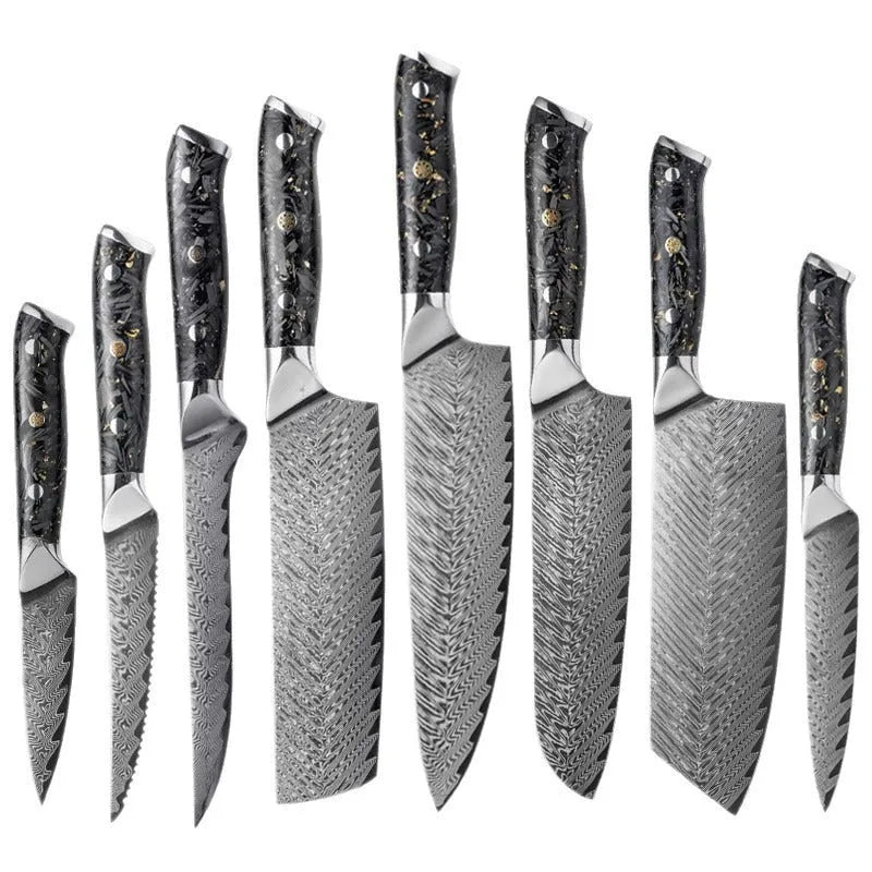 Damascus pattern chef knife set with 8 different blades including kitchen, Japanese, boning, utility, steak and fruit knives