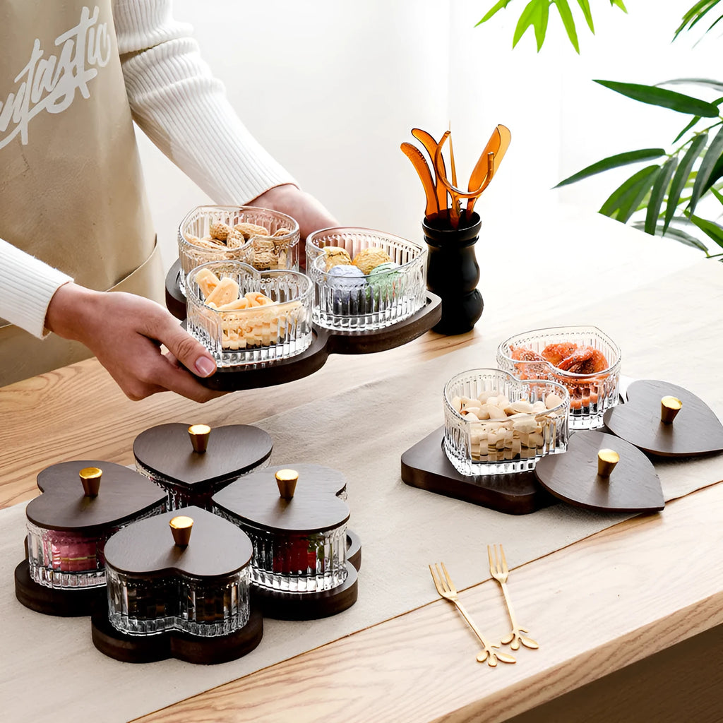Glass snack serving platter with transparent heart-shaped lids in 2 3 4 5 grid compartment configurations
