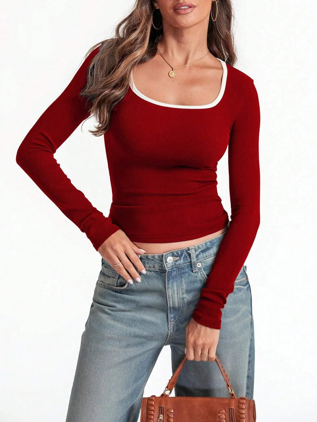 Women's square collar cotton pullover in slim fit with long sleeves in light grey colour