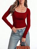 Women's square collar cotton pullover in slim fit with long sleeves in light grey colour