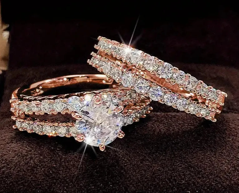2-in-1 fully-jewelled female ring set in silver, gold, and rose gold colours with geometric design