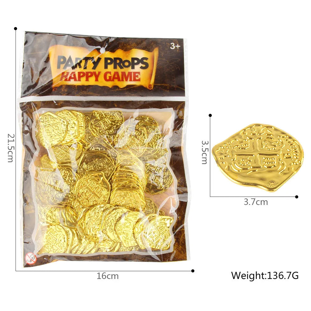 Set of 100 plastic Roman pirate coin replicas with electroplated bronze, gold, or silver metallic finish