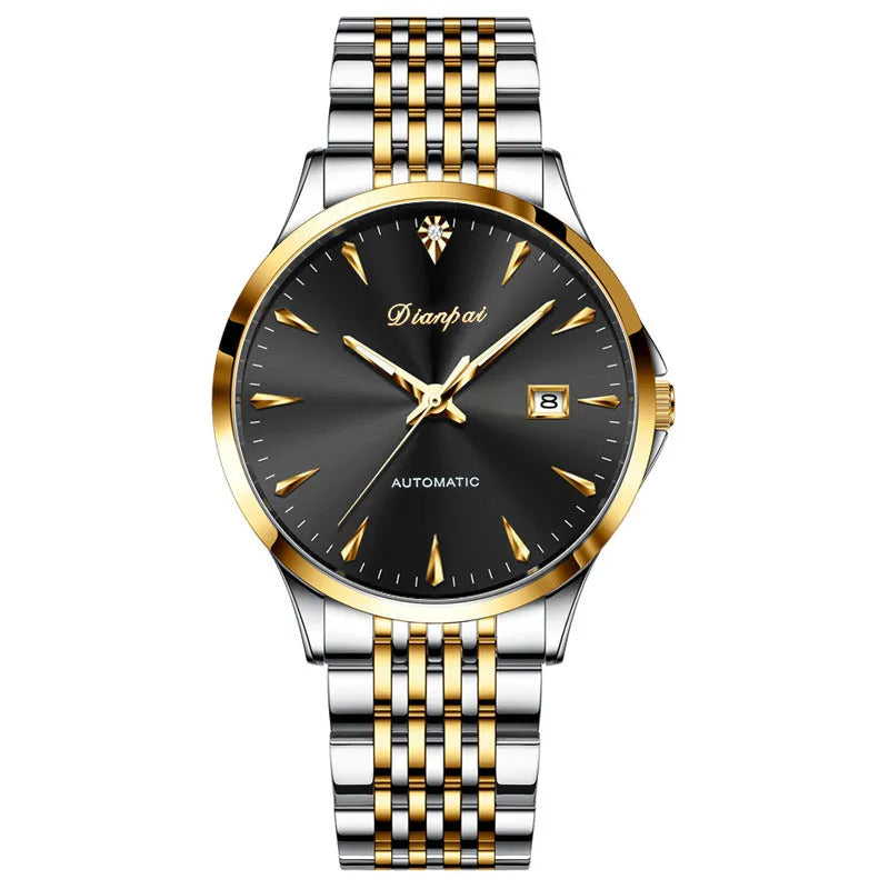 Men's stainless steel automatic watch with simple dial and water resistance