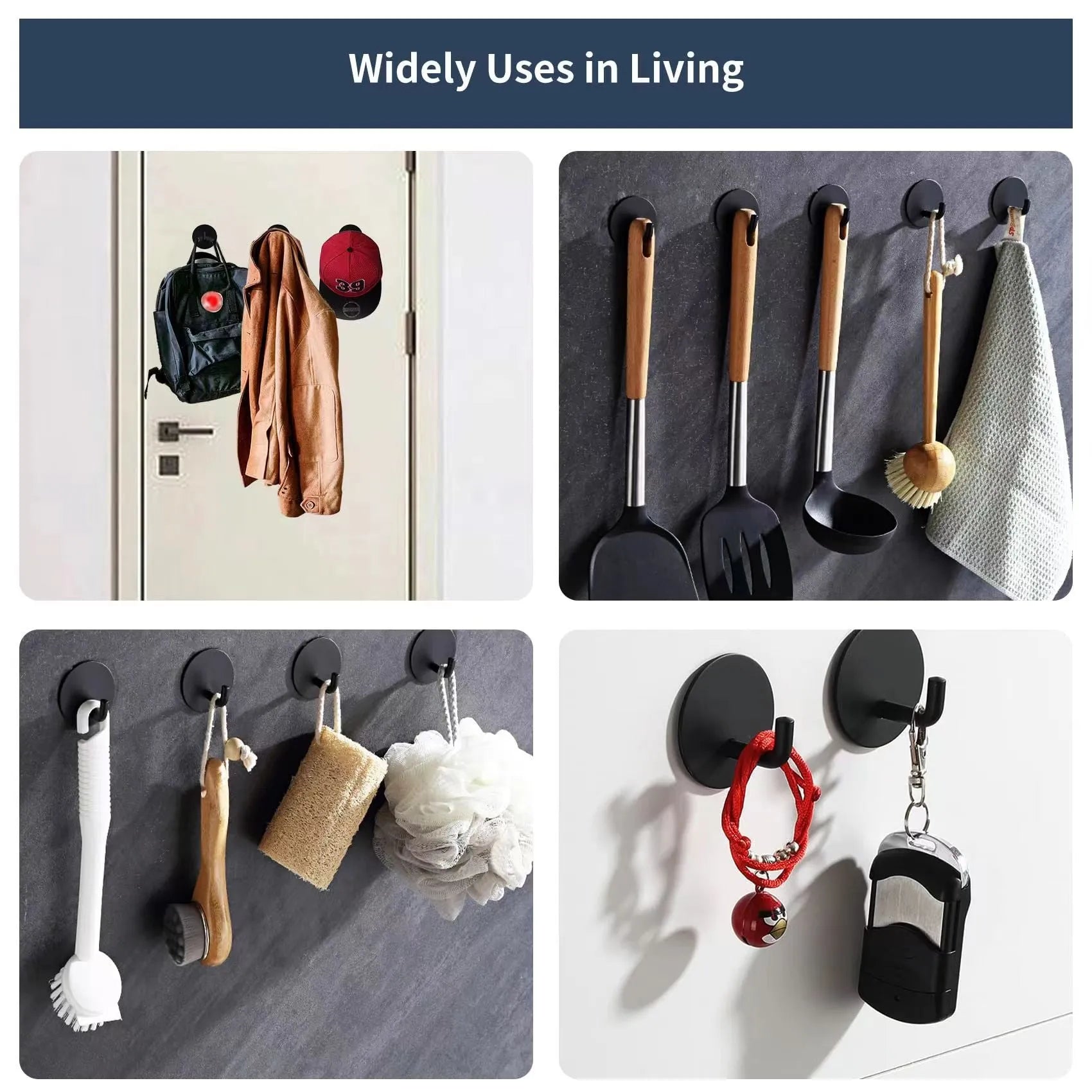 Stainless steel self-adhesive wall hook in black and polished finishes, shown with a towel hanging from it.