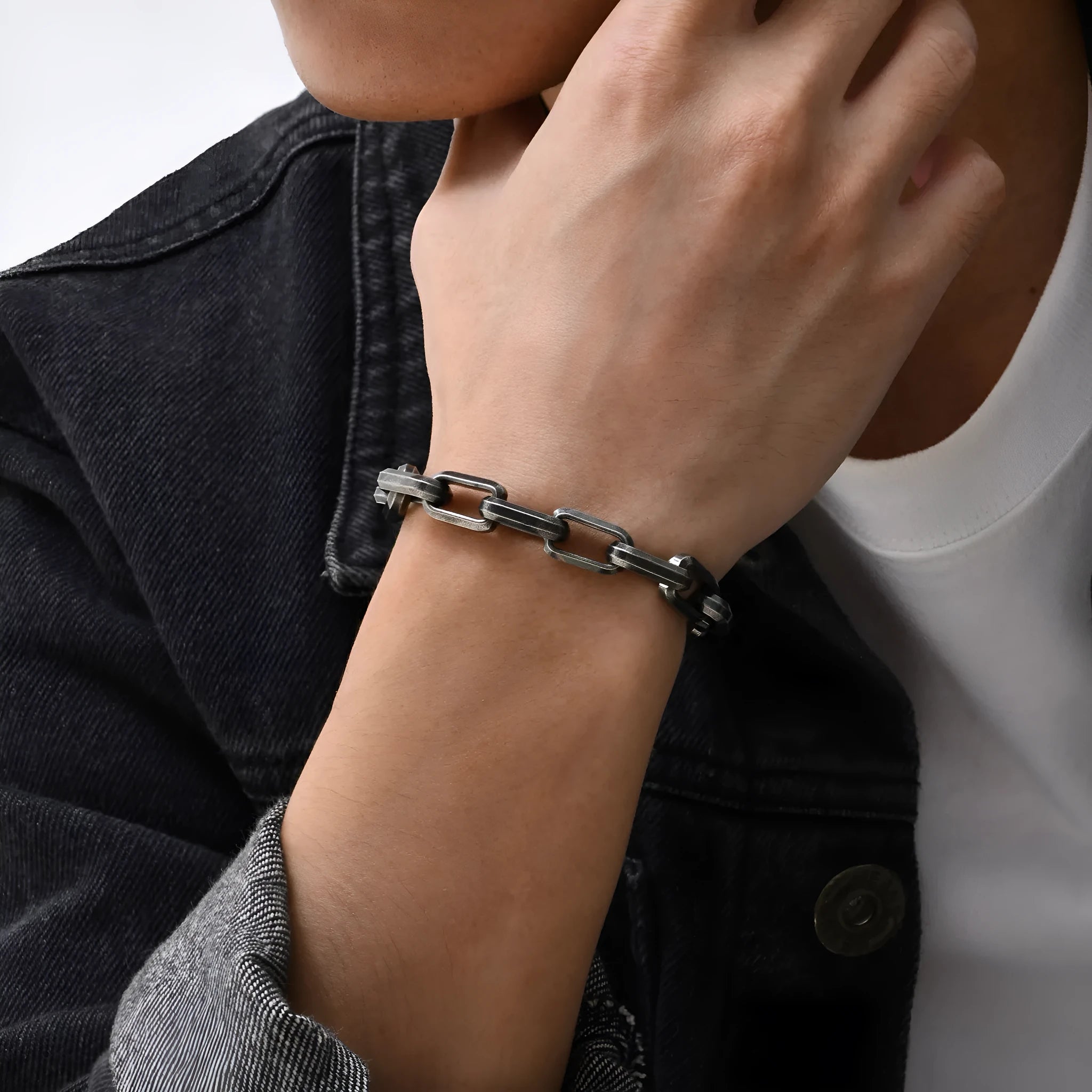 Men's square chain link titanium steel bracelet in electroplated finish options.