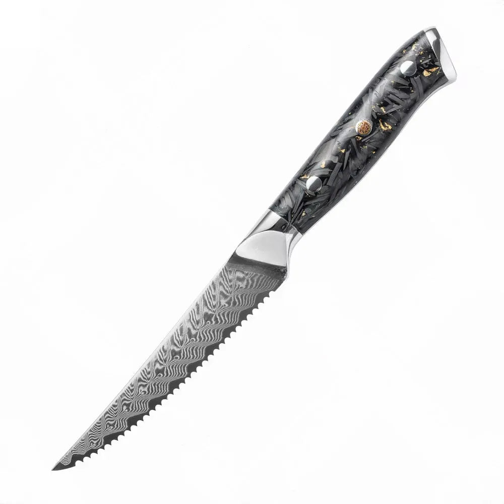 Damascus pattern chef knife set with 8 different blades including kitchen, Japanese, boning, utility, steak and fruit knives