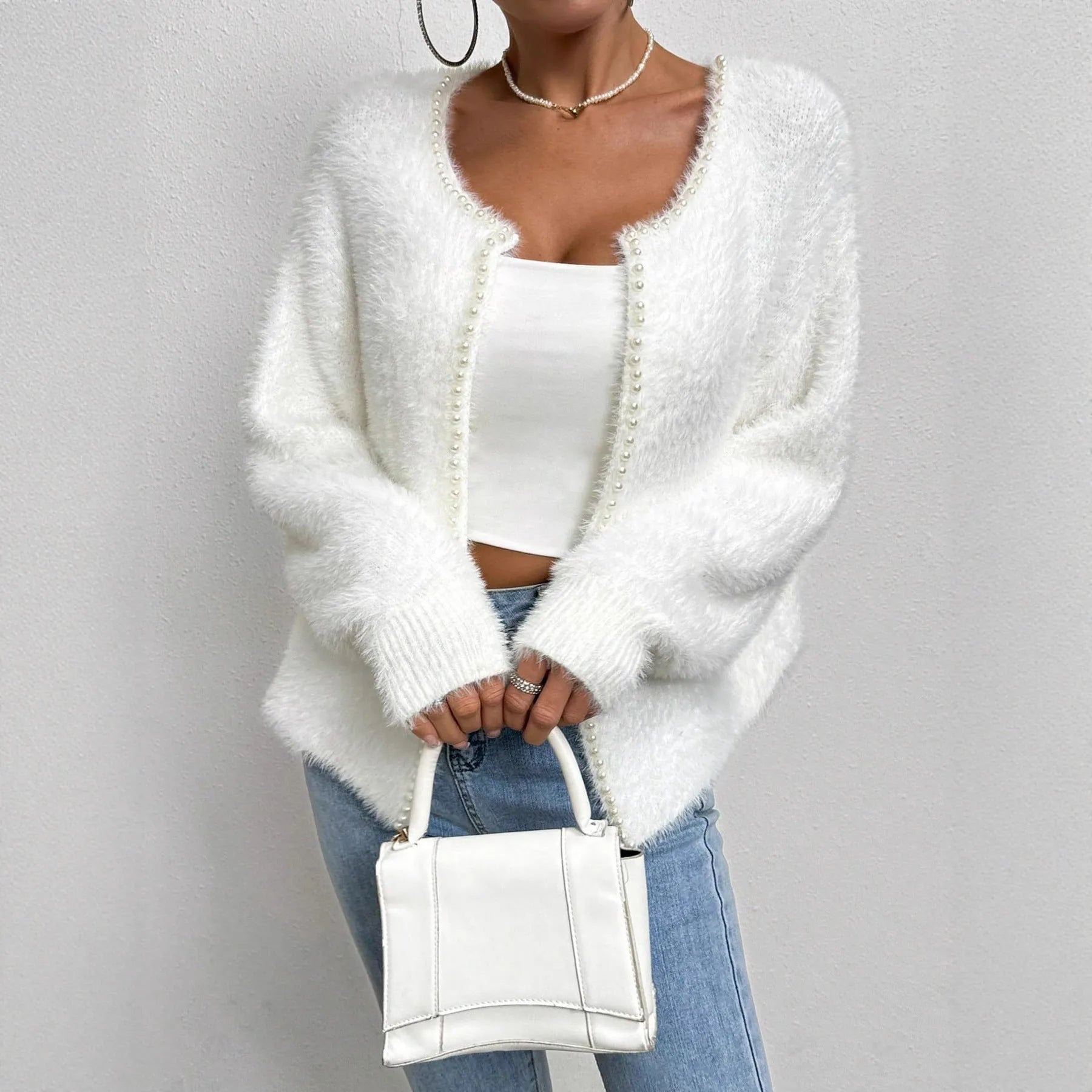 Women's white V-neck cardigan with bead knit details, medium thickness polyester fabric